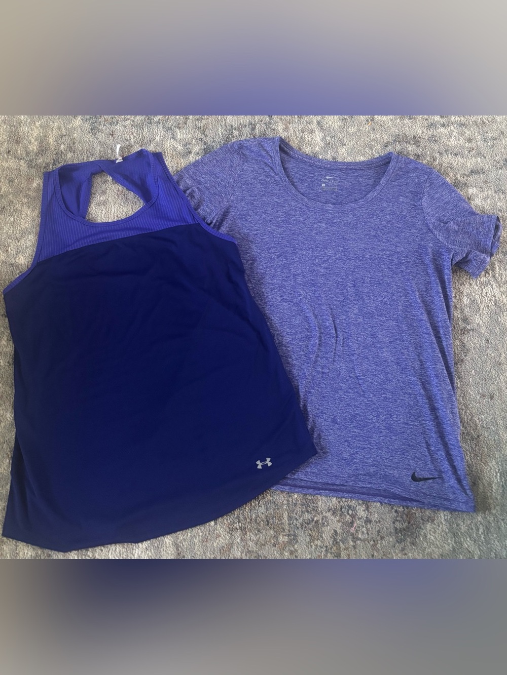 Bundle of 2 large exercise tops purple Nike short sleeved tee Under Armour tank